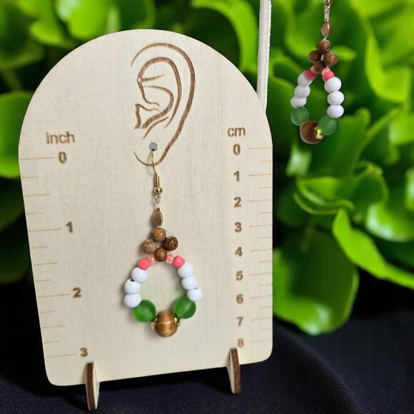 Fun in the Summertime. White wood green and pink beaded hoop earrings - Picture 5 of 5